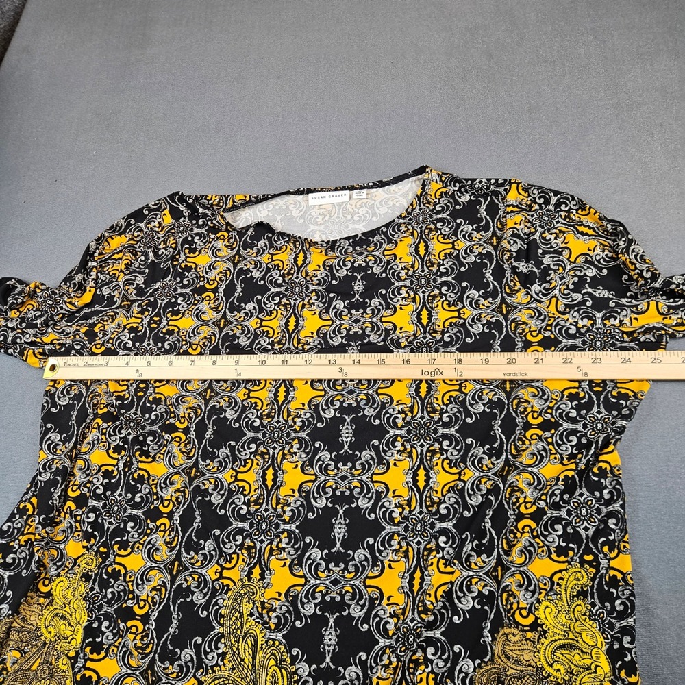 Susan Graver Liquid Knit Tunic Top 2X Black Yellow Paisley Damask 3/4 Sleeve - Picture 4 of 7
